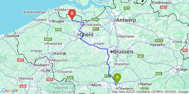 Map: Charleroi Airport Brussels South (CRL) to Kaprijke