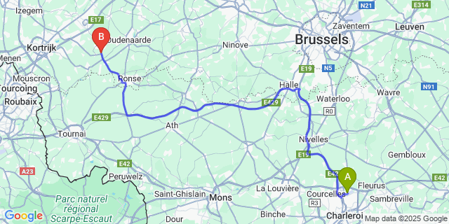 Map: Charleroi Airport Brussels South (CRL) to Kaster
