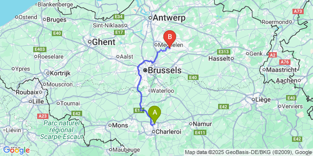 Map: Charleroi Airport Brussels South (CRL) to Keerbergen
