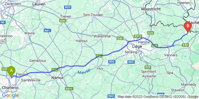 Map: Charleroi Airport Brussels South (CRL) to Kelmis