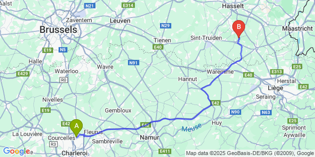 Map: Charleroi Airport Brussels South (CRL) to Kerniel