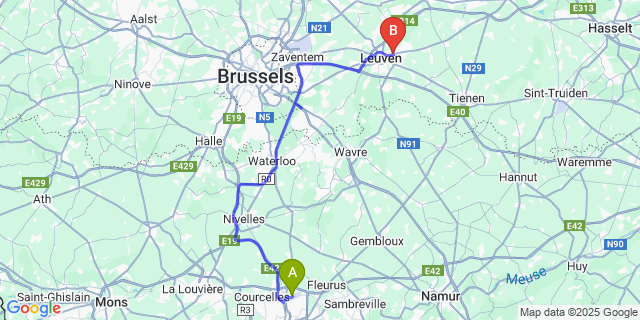 Map: Charleroi Airport Brussels South (CRL) to Kessel-Lo (Leuven)