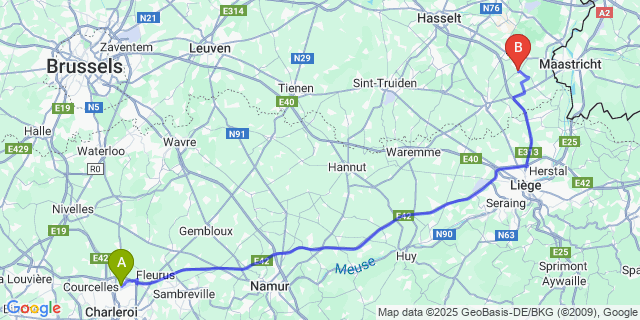 Map: Charleroi Airport Brussels South (CRL) to Kleine-Spouwen