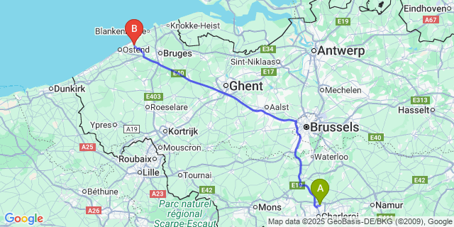 Map: Charleroi Airport Brussels South (CRL) to Klemskerke