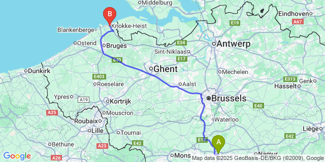 Map: Charleroi Airport Brussels South (CRL) to Knokke-Heist