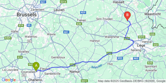 Map: Charleroi Airport Brussels South (CRL) to Kolmont (Tongeren)
