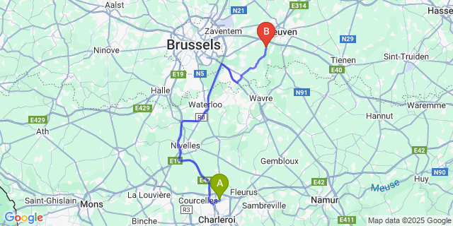 Map: Charleroi Airport Brussels South (CRL) to Korbeek-Dijle