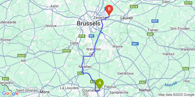 Map: Charleroi Airport Brussels South (CRL) to Kortenberg