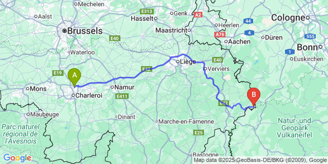 Map: Charleroi Airport Brussels South (CRL) to Krewinkel