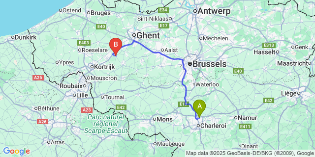 Map: Charleroi Airport Brussels South (CRL) to Kruishoutem
