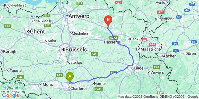 Map: Charleroi Airport Brussels South (CRL) to Kwaadmechelen
