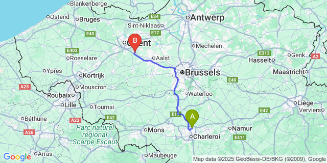 Map: Charleroi Airport Brussels South (CRL) to Kwatrecht