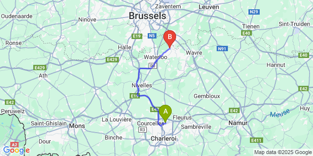Map: Charleroi Airport Brussels South (CRL) to La Hulpe