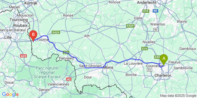 Map: Charleroi Airport Brussels South (CRL) to Lamain