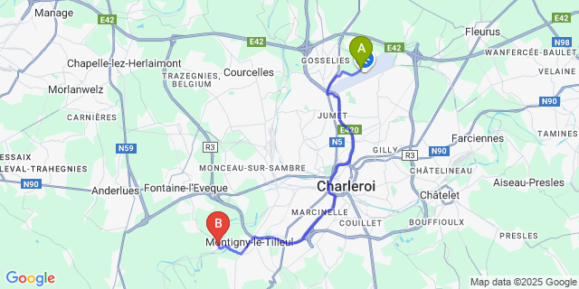Map: Charleroi Airport Brussels South (CRL) to Landelies