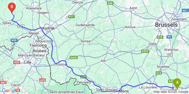 Map: Charleroi Airport Brussels South (CRL) to Langemark-Poelkapelle