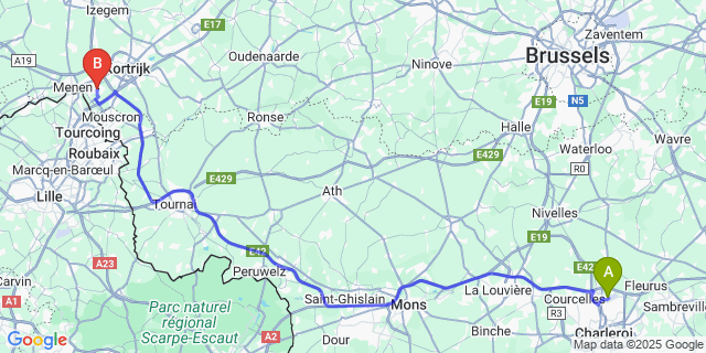 Map: Charleroi Airport Brussels South (CRL) to Lauwe