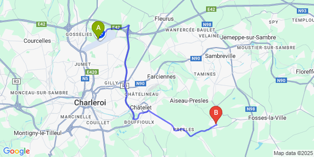 Map: Charleroi Airport Brussels South (CRL) to Le Roux