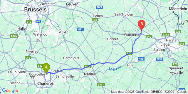 Map: Charleroi Airport Brussels South (CRL) to Lens-Sur-Geer