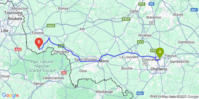 Map: Charleroi Airport Brussels South (CRL) to Lesdain