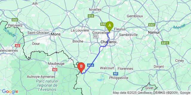 Map: Charleroi Airport Brussels South (CRL) to Leugnies