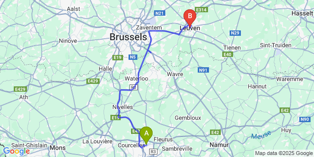 Map: Charleroi Airport Brussels South (CRL) to Leuven