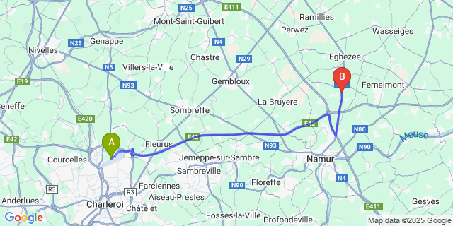 Map: Charleroi Airport Brussels South (CRL) to Leuze (Namur)