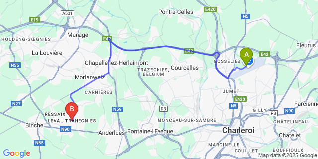 Map: Charleroi Airport Brussels South (CRL) to Leval-Trahegnies
