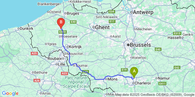 Map: Charleroi Airport Brussels South (CRL) to Lichtervelde