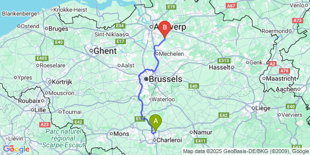 Map: Charleroi Airport Brussels South (CRL) to Lier