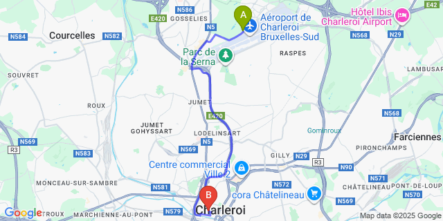 Map: Charleroi Airport Brussels South (CRL) to 