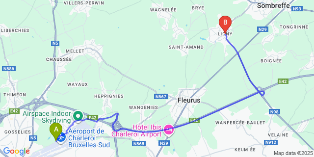 Map: Charleroi Airport Brussels South (CRL) to Ligney