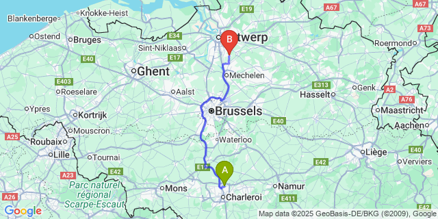 Map: Charleroi Airport Brussels South (CRL) to Lint