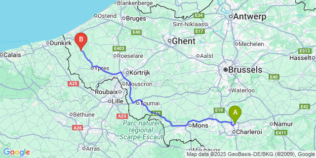 Map: Charleroi Airport Brussels South (CRL) to Lo-Reninge