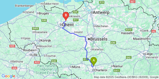 Map: Charleroi Airport Brussels South (CRL) to Lochristi