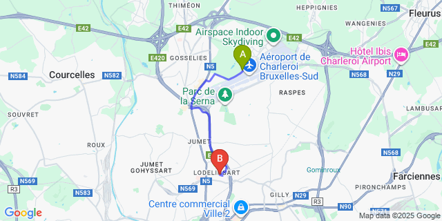 Map: Charleroi Airport Brussels South (CRL) to Lodelinsart