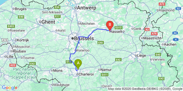 Map: Charleroi Airport Brussels South (CRL) to Loksbergen