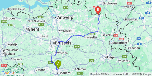 Map: Charleroi Airport Brussels South (CRL) to Lommel-Kolonie