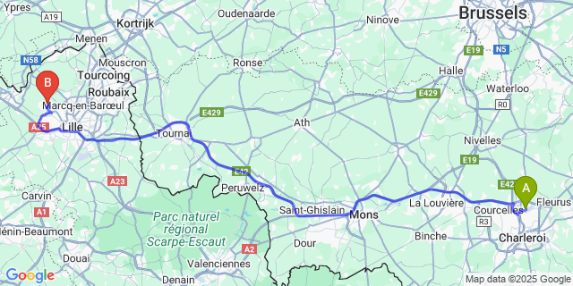 Map: Charleroi Airport Brussels South (CRL) to Lompret