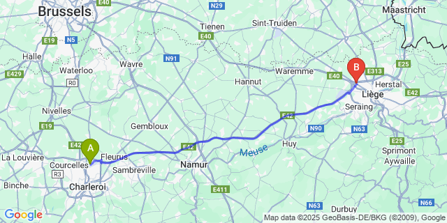 Map: Charleroi Airport Brussels South (CRL) to Loncin