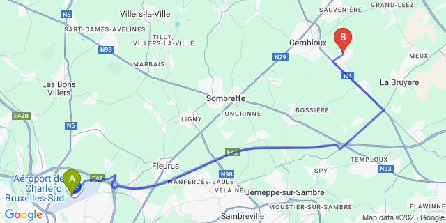Map: Charleroi Airport Brussels South (CRL) to Lonzée