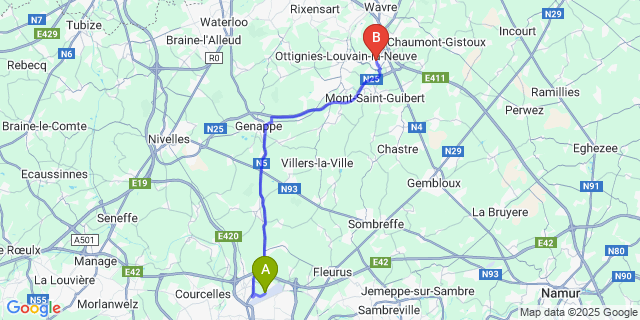 Map: Charleroi Airport Brussels South (CRL) to Louvain-la-Neuve