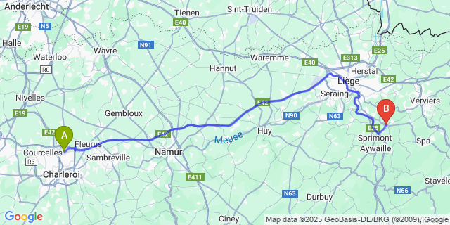 Map: Charleroi Airport Brussels South (CRL) to Louveigné (Sprimont)