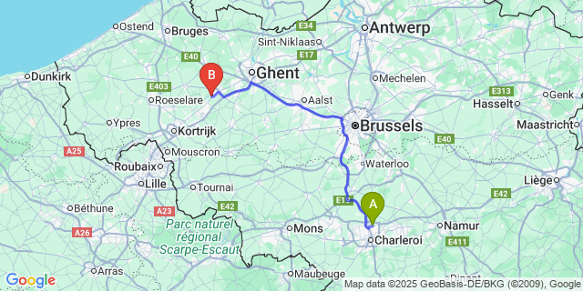 Map: Charleroi Airport Brussels South (CRL) to Machelen (Oost-Vlaanderen)