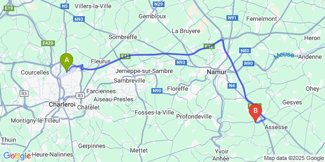 Map: Charleroi Airport Brussels South (CRL) to Maillen