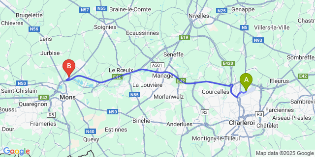 Map: Charleroi Airport Brussels South (CRL) to Maisi?res
