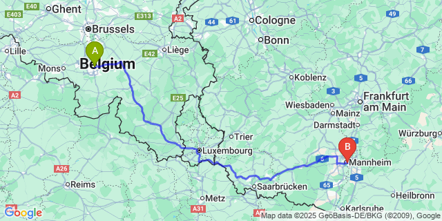 Map: Charleroi Airport Brussels South (CRL) to Mannheimer Rosengarten, Brussels