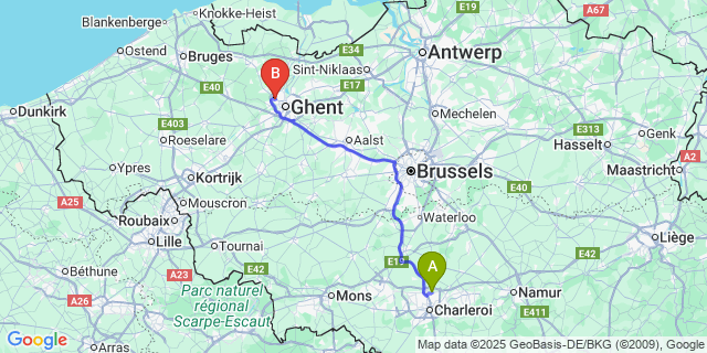 Map: Charleroi Airport Brussels South (CRL) to Mariakerke (Oost-Vlaanderen)