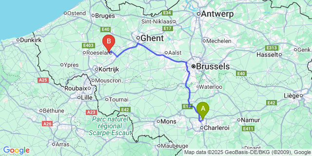 Map: Charleroi Airport Brussels South (CRL) to Markegem