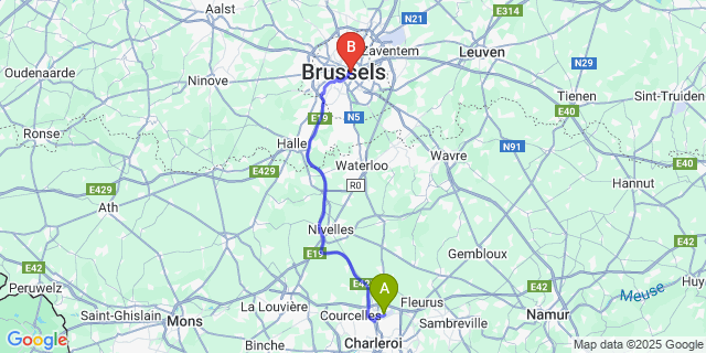Map: Charleroi Airport Brussels South (CRL) to MAS Aparthotel EU, Brussels